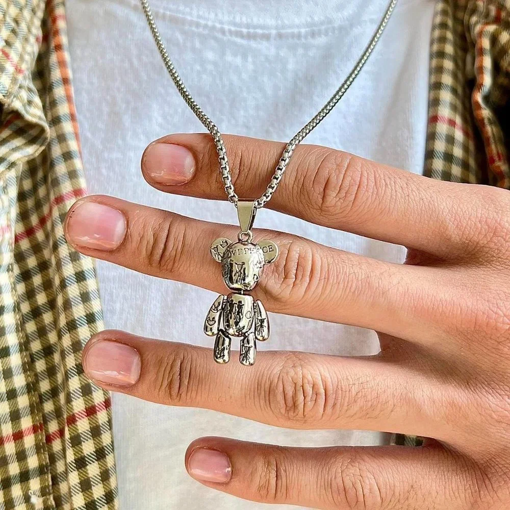 y2k grunge chrome silver bear peace pendant necklace